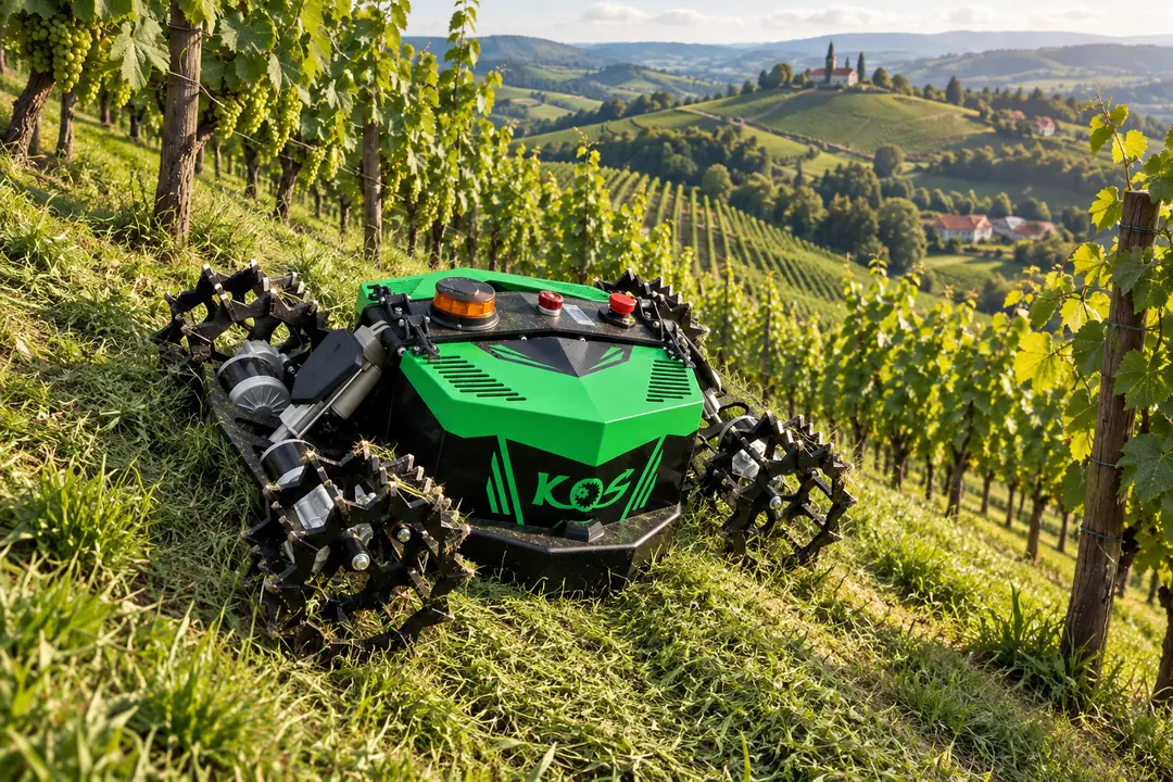 Vizualizacija: daljinsko vodena kosilnica KOS Gams med košnjo med vrstami trt v strmem vinogradu
